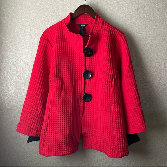 Ali Miles Tops - Ali Miles Womens Red Waffle Knit Mock Neck Button Front Peplum Top Jacket 1X